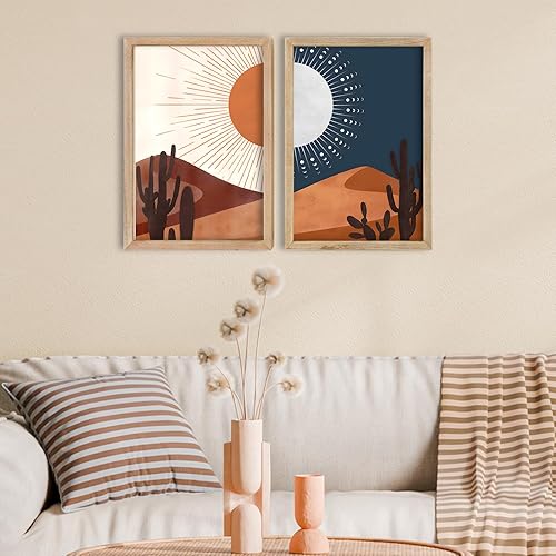 Miniatura 5 de FZMHASLWW Letrero de día y noche de cactus con paisaje del desierto, decoración de pared, 24 x 16 pulgadas, juego de 2 impresiones bohemias de luna