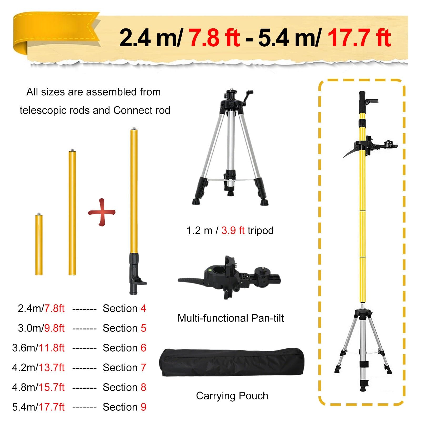 Mástil Para nivel Láser Trípode Portátil Con Soporte Para Nivel Láser De Longitud Ajustable, Barra De Nivelación Retráctil Para Renovación De Edificios Y Topografía, Accesorios Para Poste(2.4m/7.8ft)