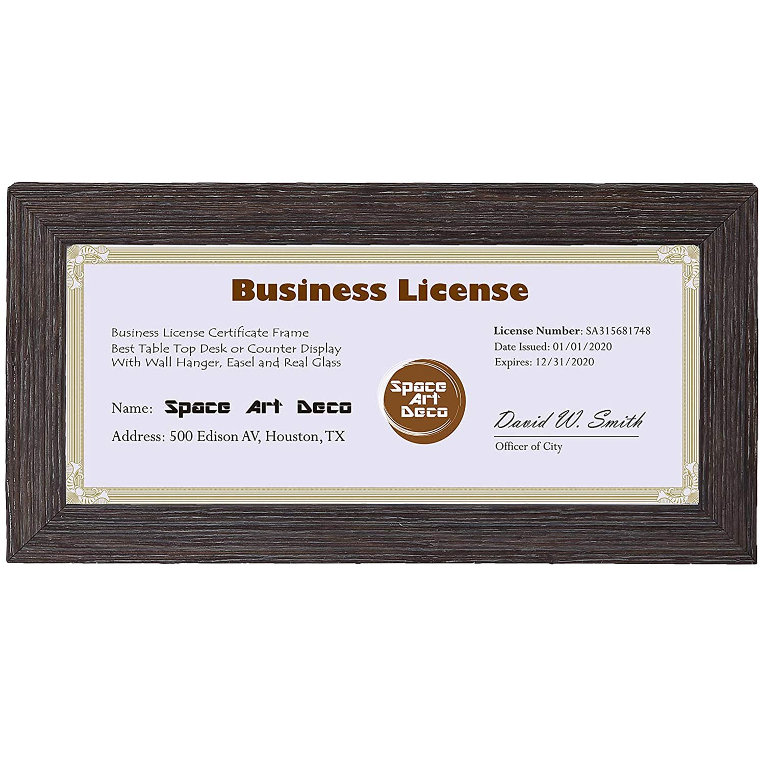 Space Art Deco 4x9 Dark Brown Textured Frame - Easel Stand - D-Ring Hangers - For Business License and Certificates - Desk/Table Top Display - Glass