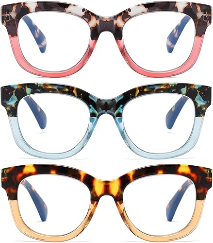 Gafas de lectura de gran tamaño para mujer, paquete de 3 unidades con bloqueo de luz azul, lectores de bisagra de resorte para computadora Gafas de lectura de gran tamaño para mujer, paquete de 3 unidades con bloqueo de luz azul, lectores de bisagra de resorte para computadora