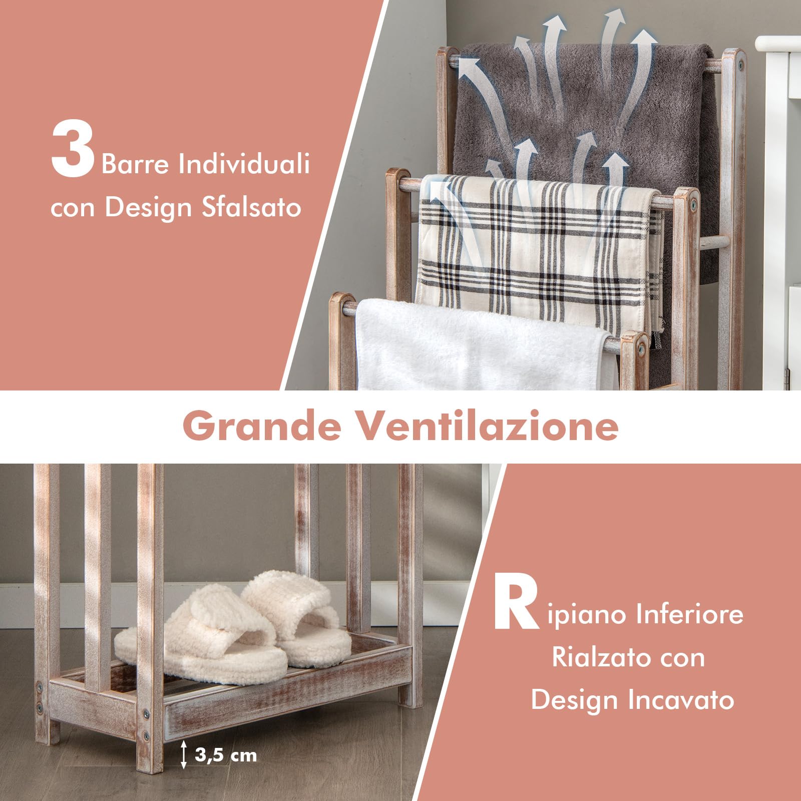 COSTWAY Portasciugamani in Legno da Terra, Porta Asciugamani a 3 Livelli con Mensola Inferiore, Dispositivo Anti-Ribaltamento, Supporto Leggero per Asciugamani da Bagno e Stanza Lavanderia (Bianco)