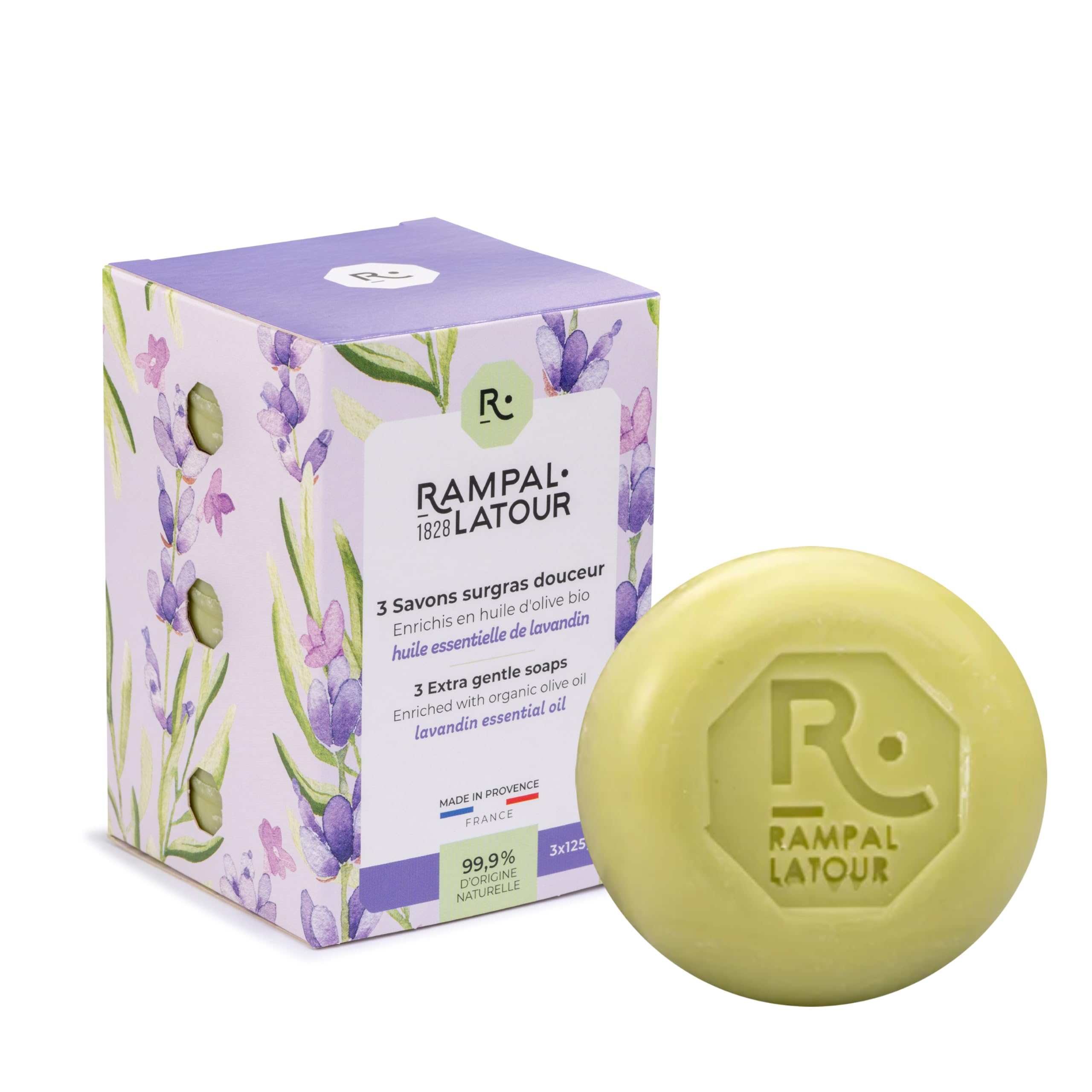 Rampal Latour Bio-Seifen – 3 X 150 G, überfettend Mit Olivenöl & Lavendelduft | Hand- & Körperreiniger, Zertifiziert Bio