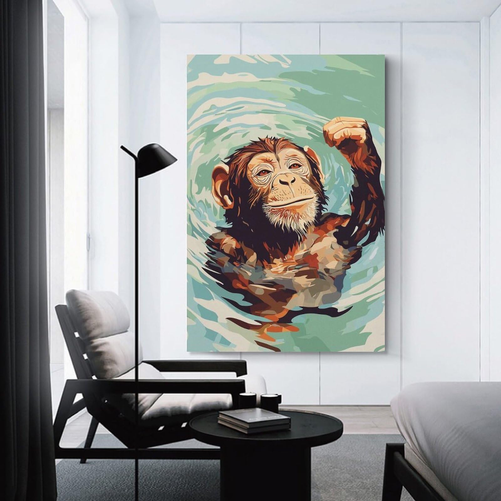 Junmoney Monkey Swimming in Water Digital Art Home Decor Wall Art, 24x36inch(60x90cm), for New Homes, Bedrooms Or Workspaces, Gift Idea for Housewarming And Birthdays
