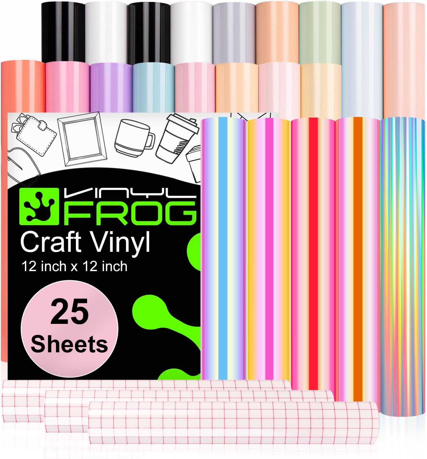 VINYL FROG Glossy Permanent Adhesive Vinyl Pack 12''x12'' 25 Sheets/Pack Assorted Colors Craft Vinyl for Mug, Cup, Window & Home Deco,and Other DIY Projects