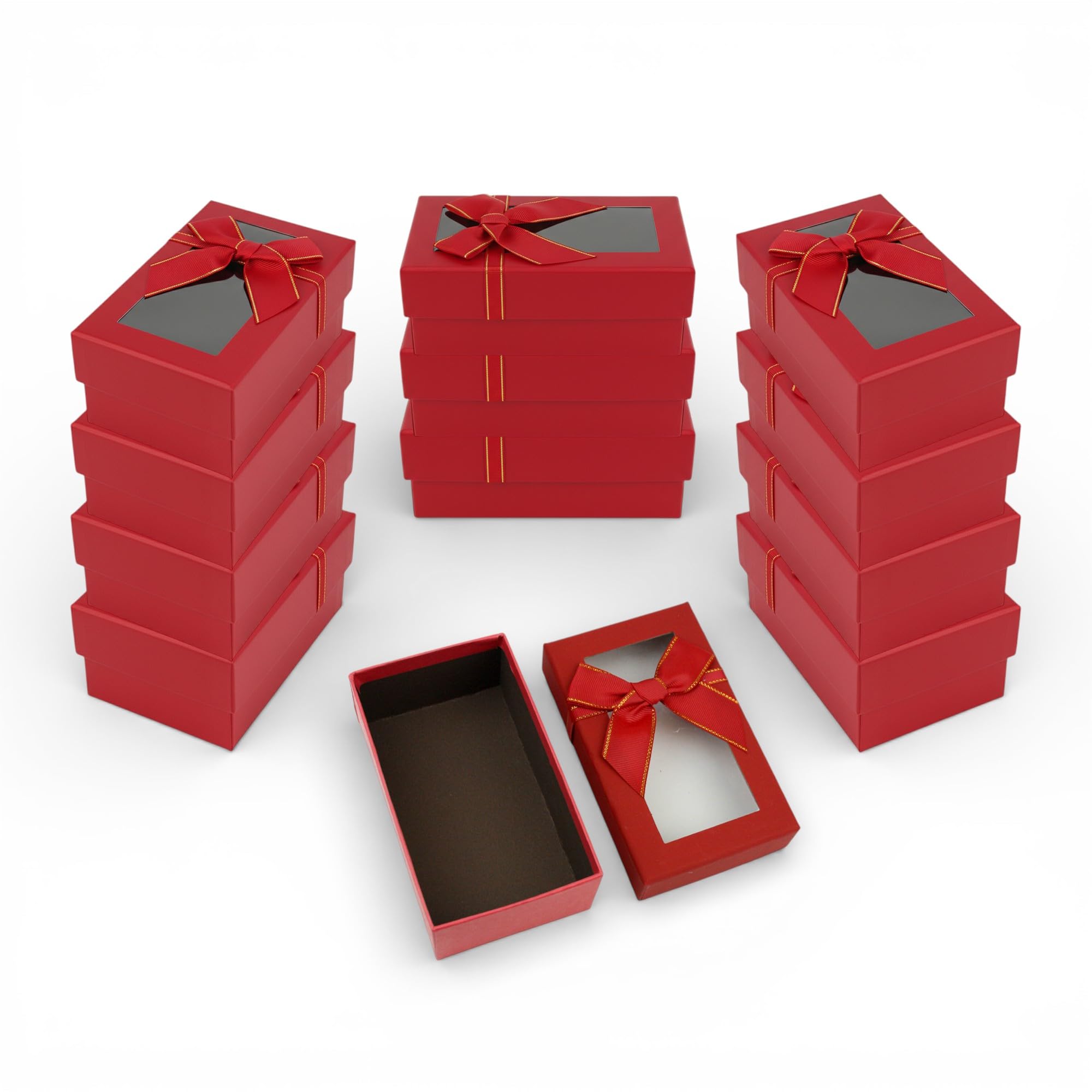 Emartbuy Pack of 12 Luxury Red Rigid Gift Boxes with Gold Ribbon & Clear Lid – Premium Presentation Boxes for Wedding, Birthday, Diwali & Corporate Gifting – 15 x 9 x 6 cm