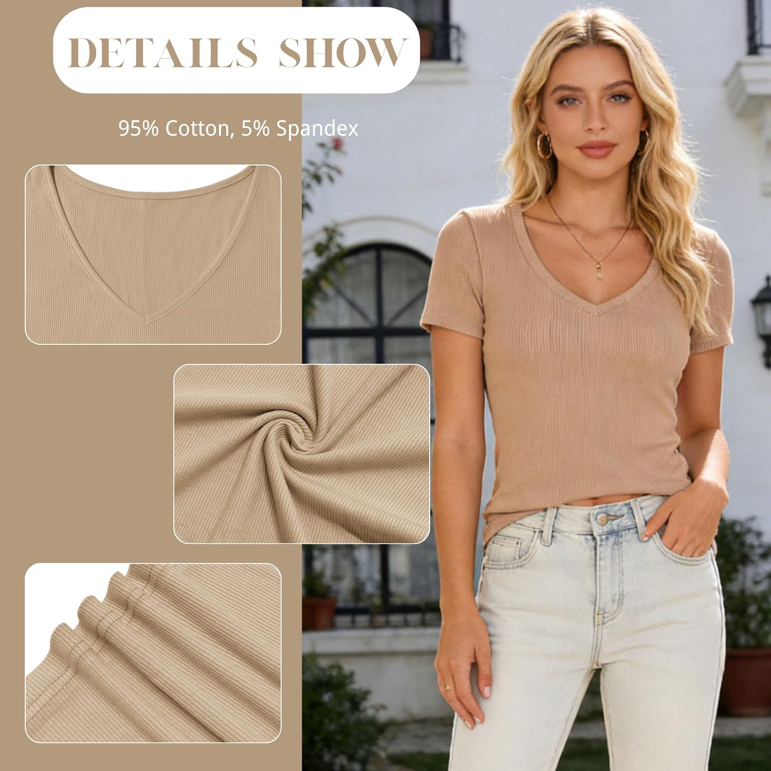 3 Pack Womens Basic Tee Cotton Ribbed Summer T Shirts V Neck Short Sleeve Work Clothing Dressy Casual Tops - Image 5