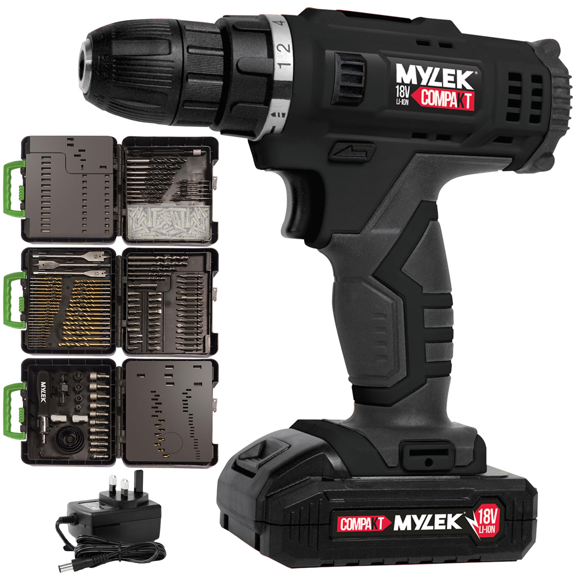 MYLEK MYW09 18V Cordless Drill Electric Screwdriver Set, Powerful Lithium Ion Battery Pack, 18 Volts Combi Driver with MYLEK 4ORCE Accessory Kit (204 Piece)