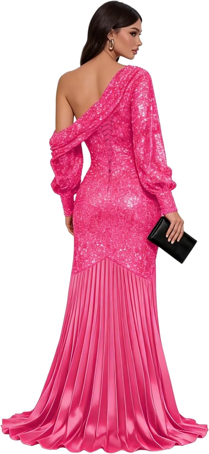 Long Sleeve Sequin Prom Dresses for Women One Shoulder Mermaid Long Satin Pleated Formal Evening Gowns - Image 2