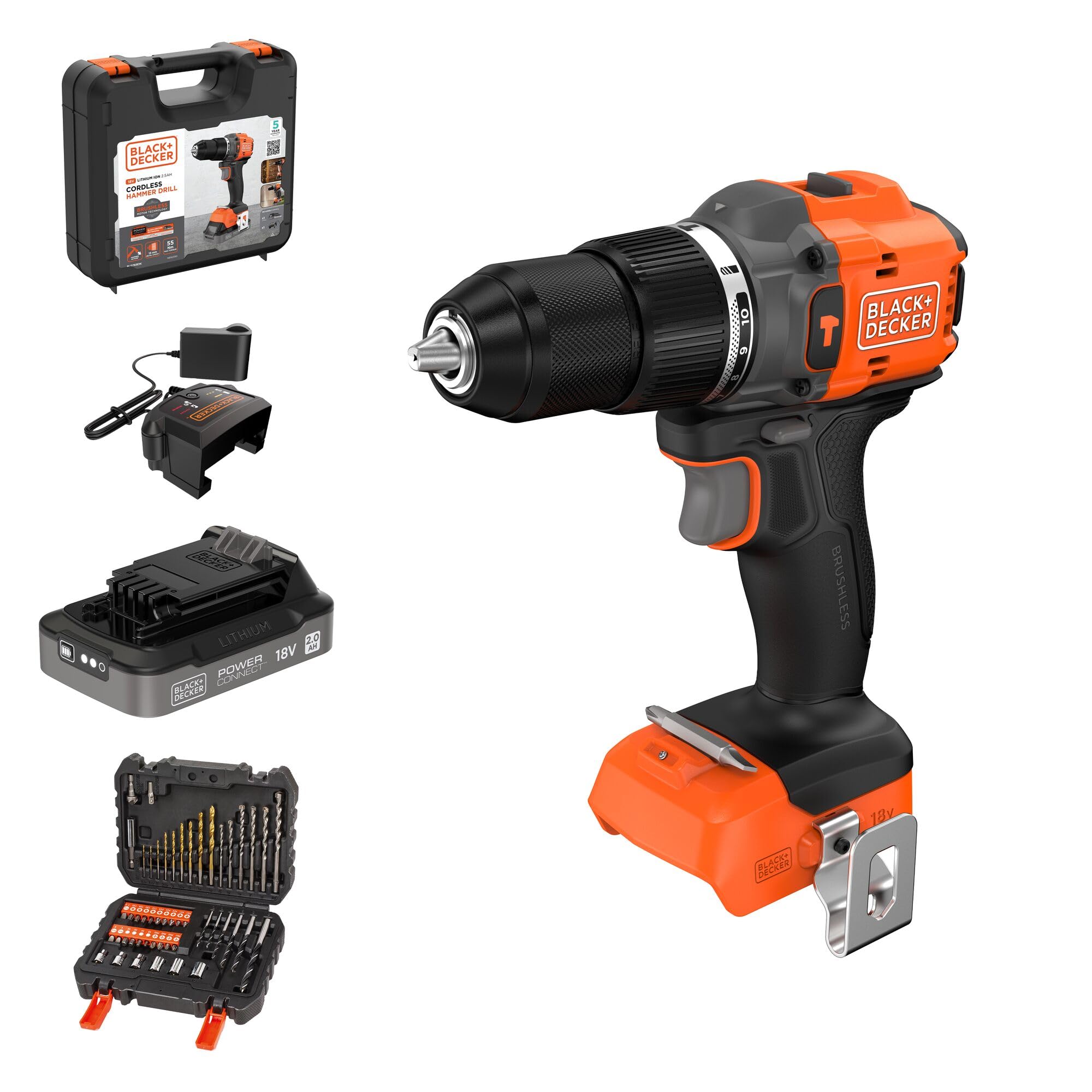 BLACK+DECKER Taladro percutor inalámbrico sin escobillas de 18v con batería de 2,0Ah, cargador, 50 accesorios y maletín de transporte, BLD783D1KA-QW