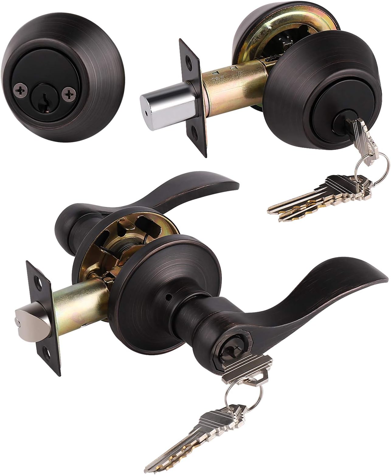1 Pack Front/Exterior Door Lever Lockset with Double Cylinder Deadbolt Combination Locksets, Oil Rubbed Bronze Keyed Alike Entry Door Handles with Same Key