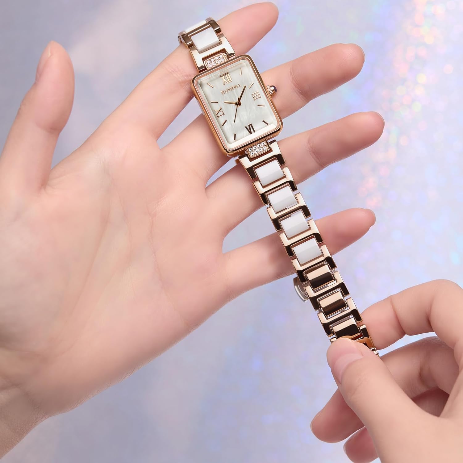 senstone Women's Watch Rectangle Shell Dial Marble Stainless Steel Strap Ladies Fashion Wristwatch for Women Quartz Analog Watches - Image 9