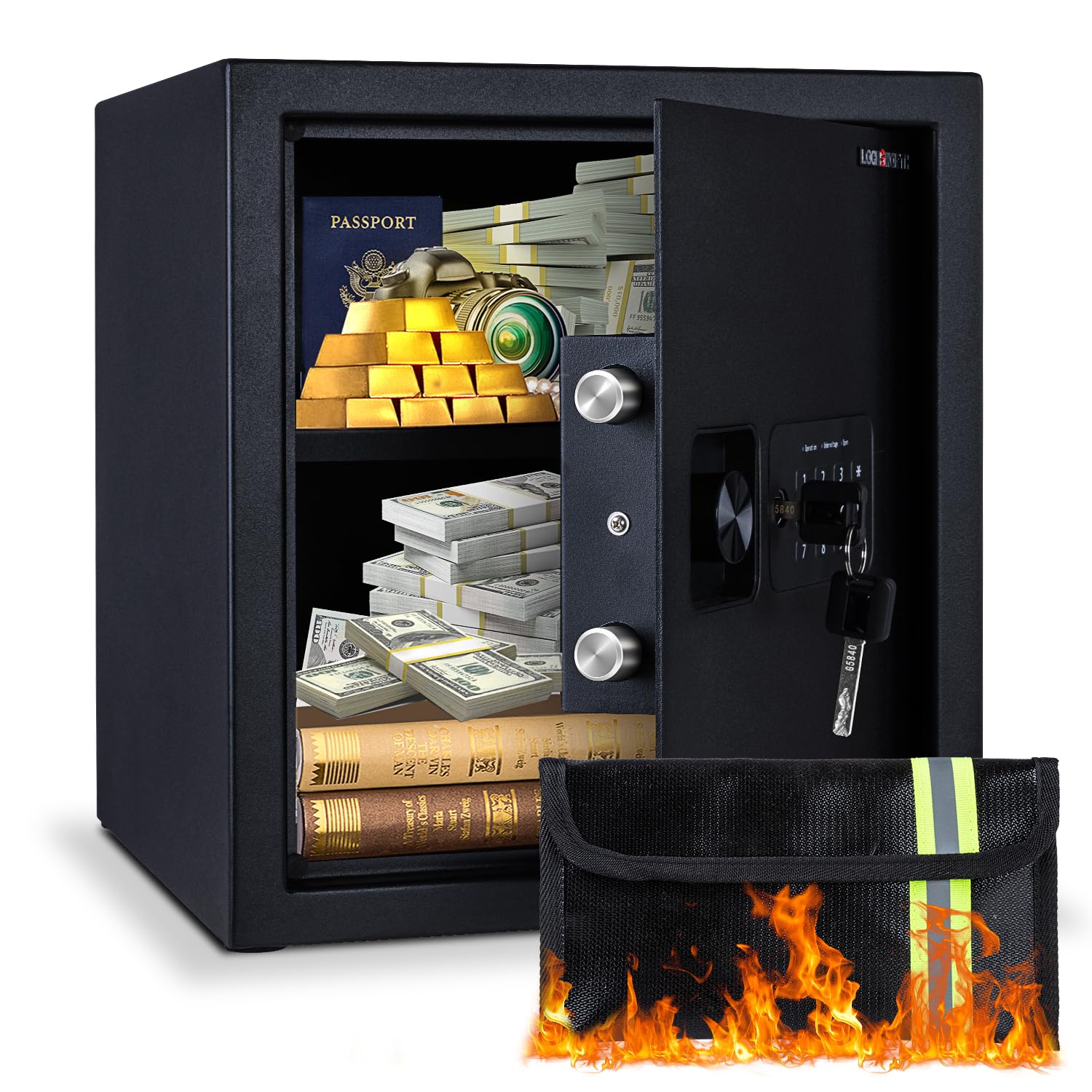 Safe Box, 1.4 Cubic Feet Home Safe, Electronic Digital Keypad, Alarm System, W/Fireproof Bag, Removable Shelf, Money Box for Money Documents, Home Use,12.99"D x 12.99"W x 14.17"H