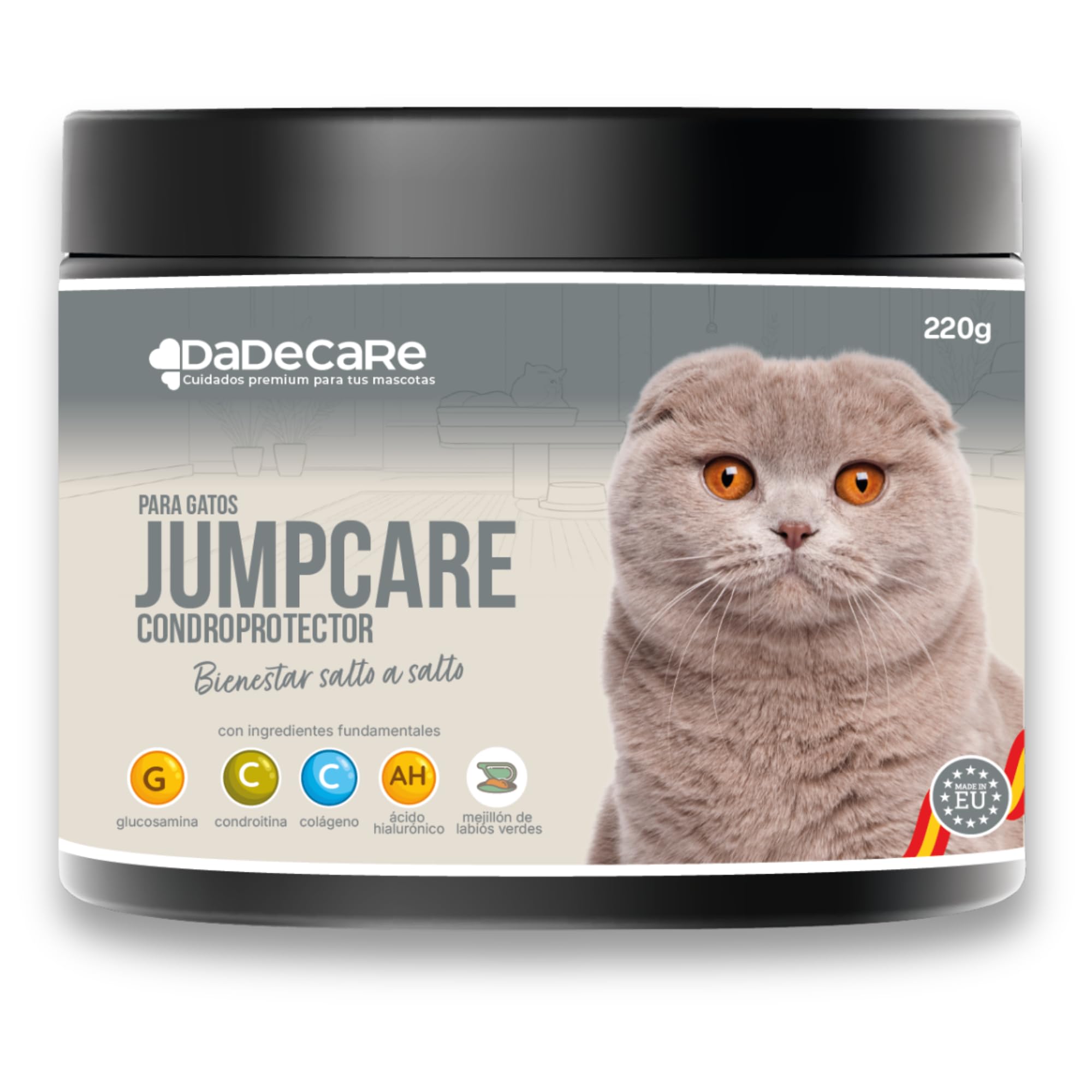 Condroprotector Gatos en Polvo 220g - Suplemento Articulaciones con Colágeno, Glucosamina, Condroitina, Ácido Hialurónico y Mejillón Verde - Apoyo Movilidad Gatos Mayores y Adultos - Jumpcare