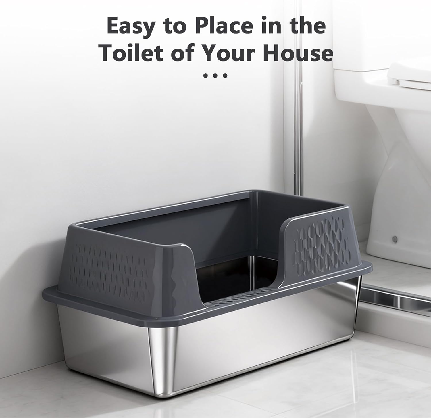 Enclosed Stainless Steel Cat Litter Box with Lid Medium Litter Box for Kitten Metal Litter Pan Tray with High Sides Scoop & Litter Mat Inside, Non-Sticky, Anti Leakage, Easy Cleaning (Gray, M)