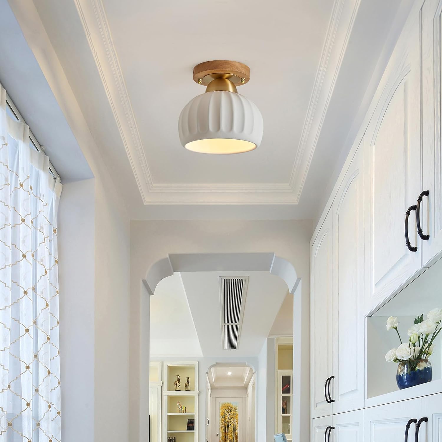 2 Pack Ceramic Wood Brass Semi Flush Mount Ceiling Light Vintage Hallway Light Fixtures, Modern Small Ceiling Mount Light Lamp for Hall Kitchen Entryway Passway Porch Foyer