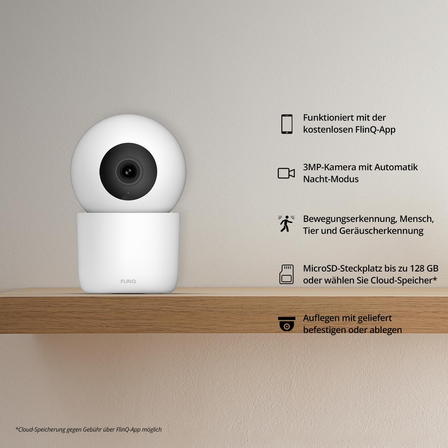 Key features of the FLINQ camera: FlinQ app compatibility, 3MP camera with night mode, motion/sound detection, MicroSD slot, and flexible placement.