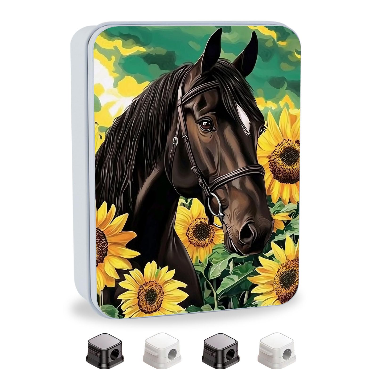 Metal Tin Box with Lid for Game Cards Home Organizer Candles Keys Crafts Storage - Equipped with 4 Magnetic Cord Clips，Horses and Sunflowers
