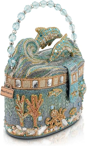 Mary Frances Crystal Dolphin Top Handle Bag | Crystal dolphin beaded top handle bag in blue, designed to carry small essentials for everyday or special occasions.