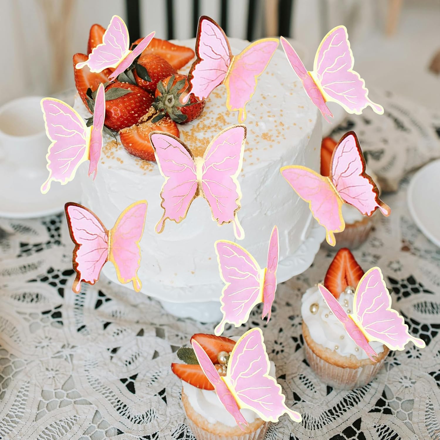 35Pcs 3D Butterfly Cupcake Toppers Pink Gold Edge Swallowtail Butterfly Cake Decorations for Baby Shower Wedding Birthday Party Butterfly Wall Sticker Decoration Mixed Size