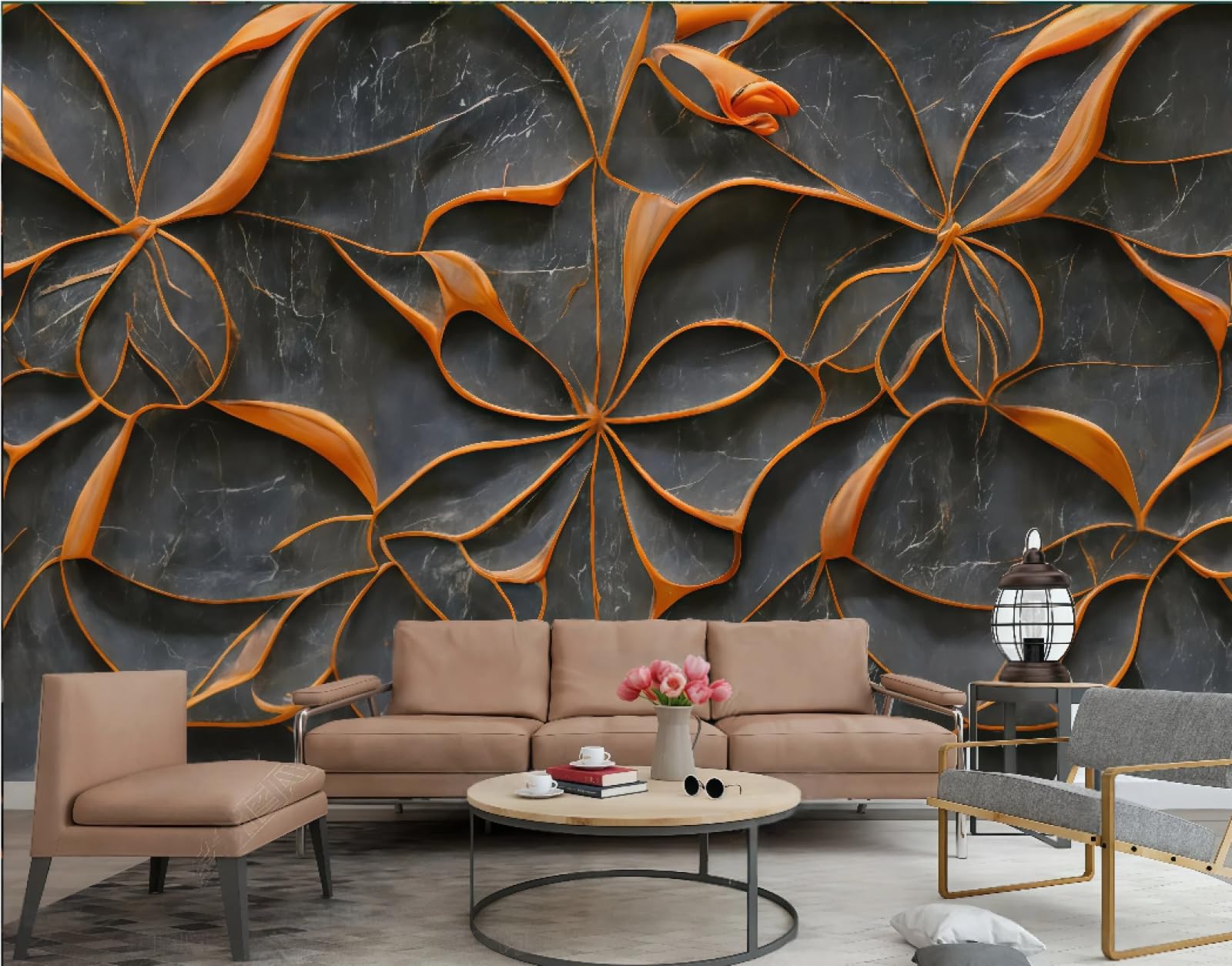 Tapeta trójwymiarowa abstrakcyjna pomarańczowa rzeźba w skale relief marmurowy wzór TV sofa tło tapeta ścienna salon restauracja kawiarnia mural, 3D, 200 x 140 cm
