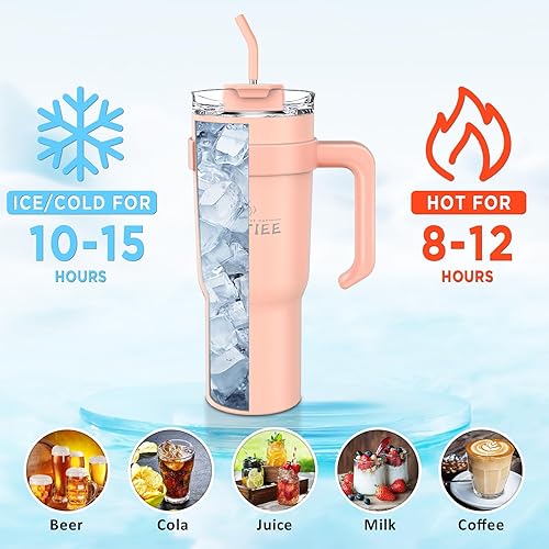 Miniatura 2 de KETIEE Vaso de 40 onzas con asa y pajilla, de acero inoxidable aislado al vacío a prueba de fugas, con tapa atornillada y pajilla, jarra de agua