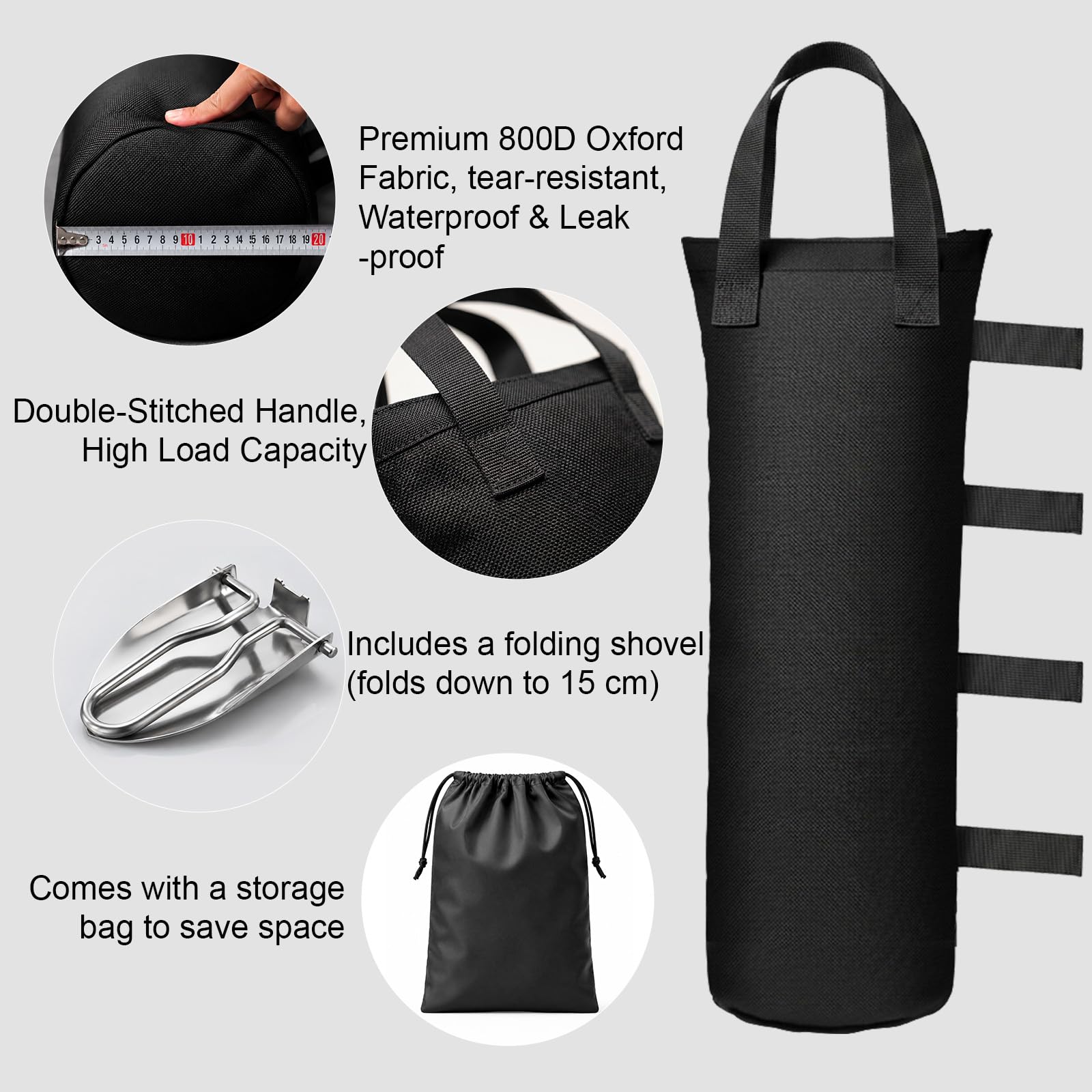 8 Pesi per Gazebo, Tessuto Oxford 800D, 20 x 50 cm, Sacchi di Sabbia per Pesare con Pala e Custodia, per Tende, Ombrelloni, Campeggio e Fotografia, Nero