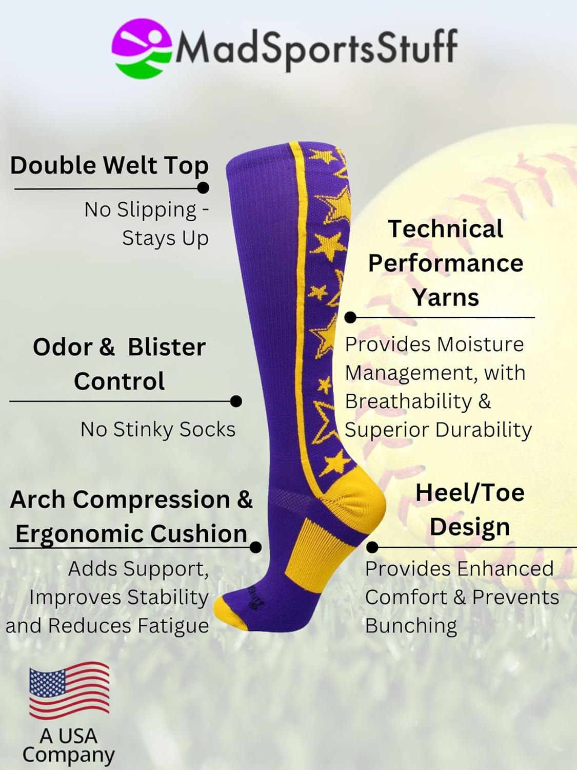 MadSportsStuff Softball Socks with Stars for Girls and Women Over the Calf Tall Socks Youth and Adult Sizes - Image 4