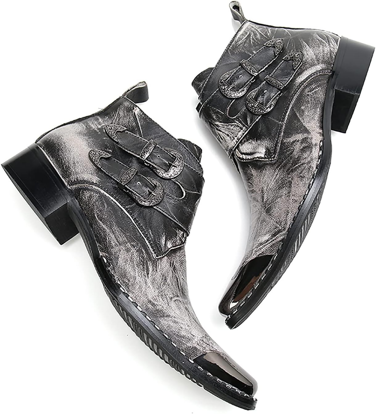 Santimon Mens Chelsea Boots Casual Dress Ankle Boots Handmade Genuine Leather Metal Square Toe Cowboy Boots Zipper Belt Buckle Prom Wedding Party Disco Singer Western Boots for Men
