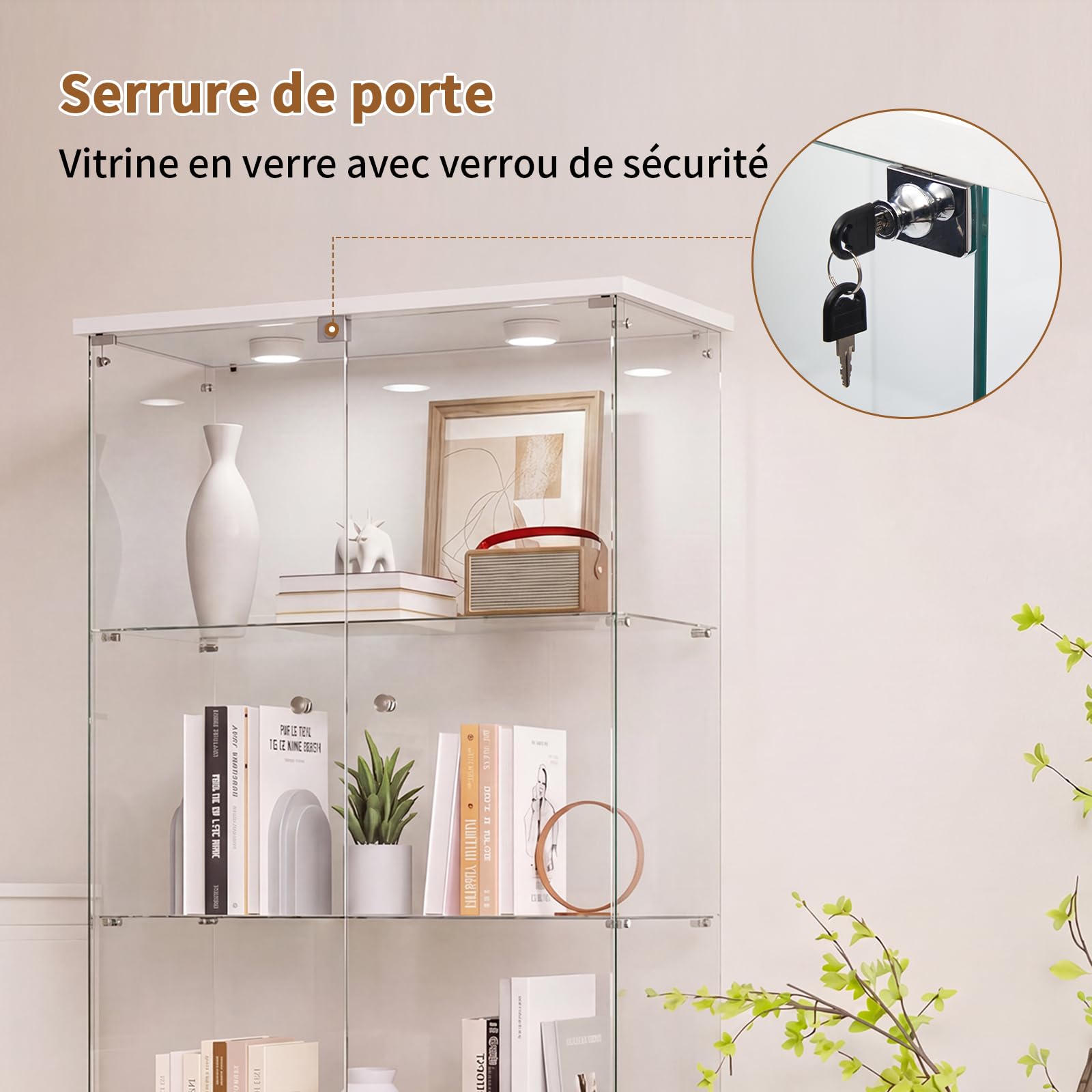 DADEA Vetrina con Specchio, Vetrinetta in Vetro 4 Ripiani 2 Porte, Vetrine in Vetro a Specchio Vetrina Colonna Espositiva Colonna Vetrinetta Casco con LED et Serratura Vetrinette Espositive