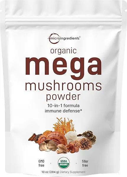 Micro Ingredients Organic Mega Mushroom Powder,10 Ounce (284 Days Supply) | 10 in 1 Complex Formula for Immune System Booster | Chaga, Lions Mane, Cordyceps, Reishi & More | Filler Free, Veg