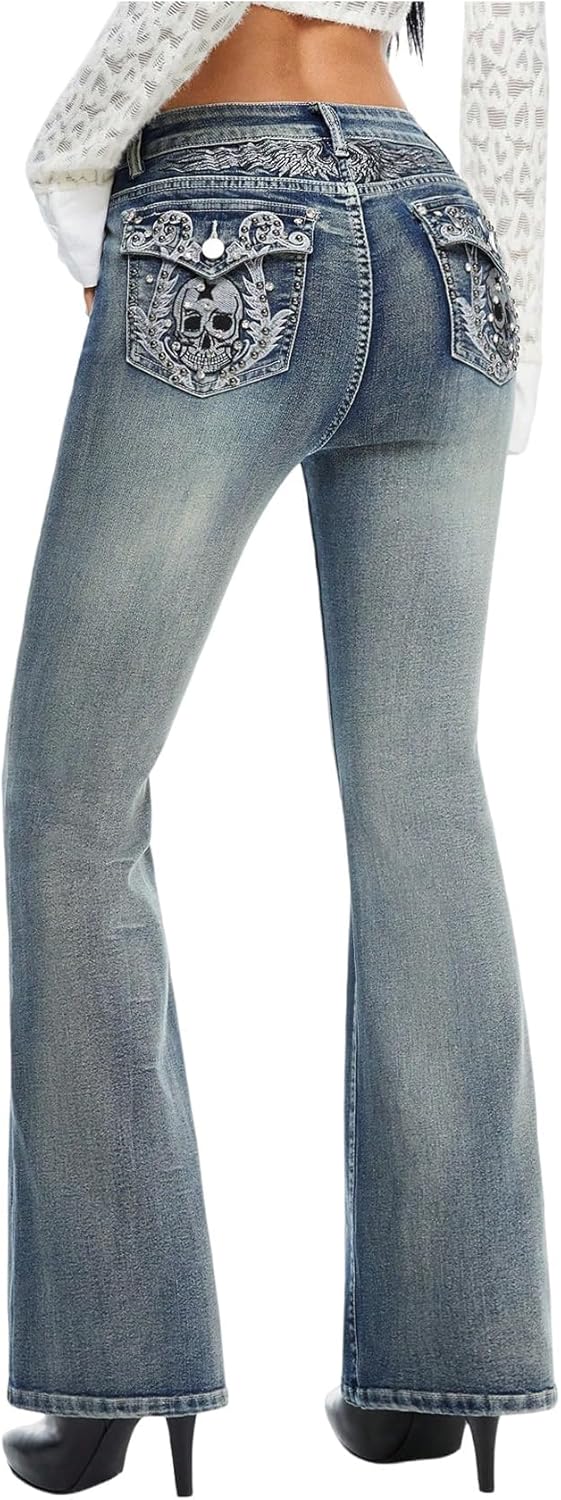 Women's Mid Rise Stretch Bootcut Jeans - Skull Embroidered Blue Denim Pants with Rhinestones Y2K