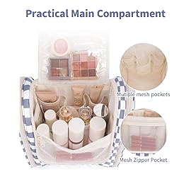 Narwey Checked Hanging Travel Toiletry Bag for Women, Travel Bag for Toiletries, Makeup Bag Organizer Cosmetic Bags Make Up Bags for Women (Grayish Blue Checkerboard)