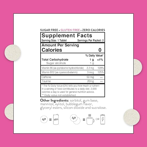 Run Gum Bubblegum Flavor Caffeinated Energy & Focus Gum, 50mg Caffeine per Piece, Sugar Free with Taurine & B-Vitamins, Fast-Acting Chewing Gum, 24 Pieces (12 Packs)