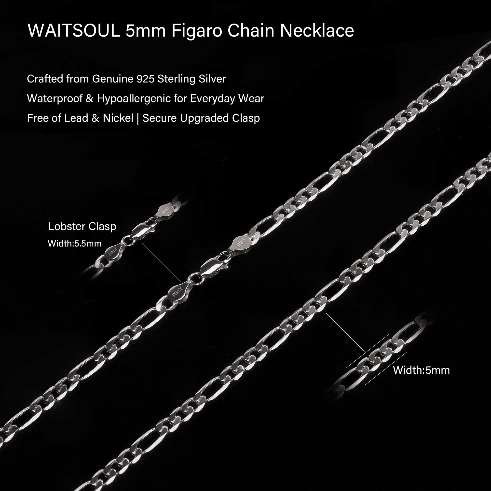 925 Sterling Silver Figaro Chain Necklace 5mm – Sterling Silver Chain for Men and Women, Durable Mens Silver Chain, Hypoallergenic Nickel-Free Silver Necklace, Waterproof, Lobster Clasp, Gift Ready