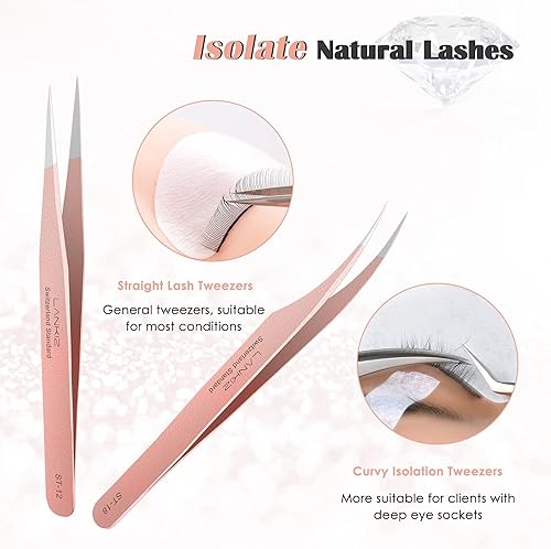 Miniatura 2 de LANKIZ Juego de 5 pinzas para extensiones de pestañas, de acero inoxidable, pinzas para extensiones de pestañas con volumen, pinzas de oro rosa para