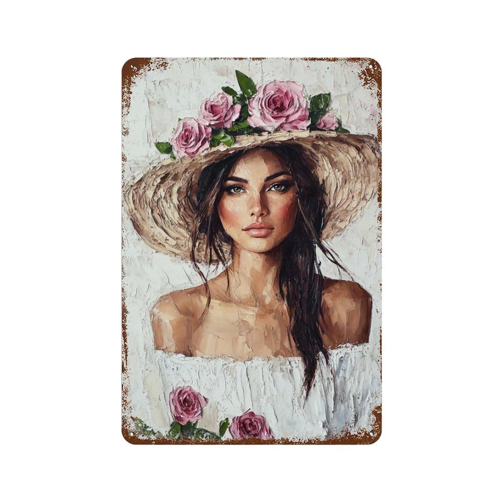 HDURYEYRYY Roses & Straw Hat Portrait 01 Wall Retro Iron Vintage Art Metal Tin Sign Poster Modern Home Cofffee Club Art Bar Shop Decor 30x20cm