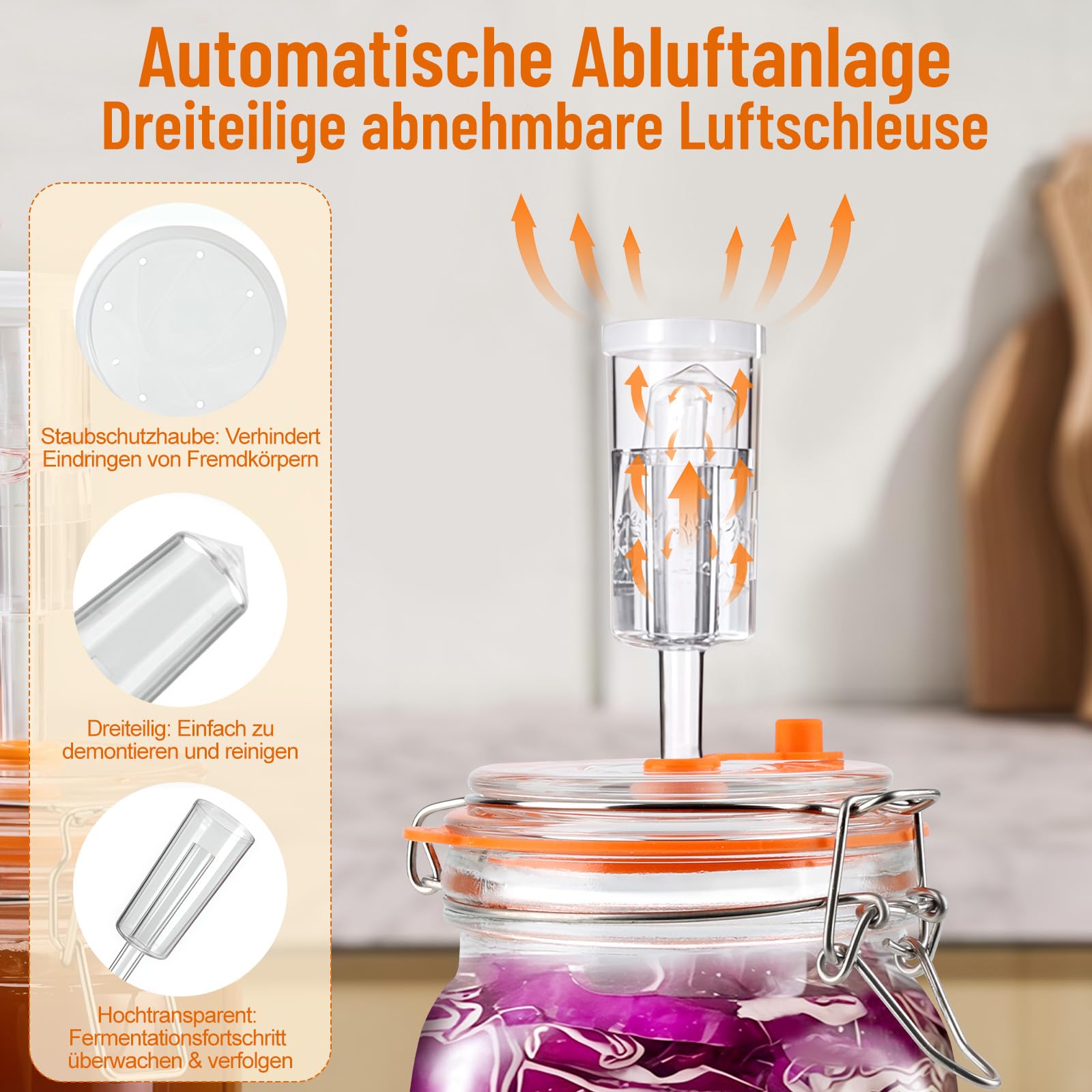 Snovire Lot de 2 bocaux de fermentation de 1,5 l - Avec valve de fermentation et poids - Pour choucroute, kimchi, kombucha et cornichons - Avec brosse de nettoyage - 5