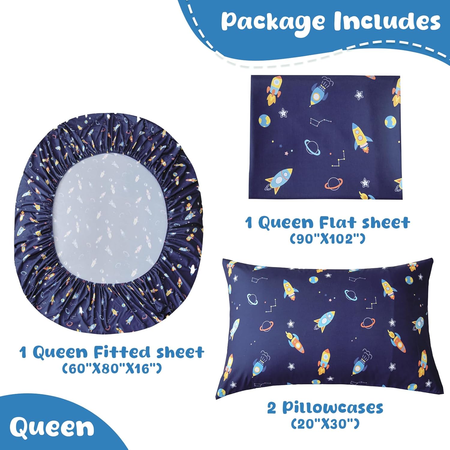 Queen Sheet Set for Kids Boys & Girls, 4-Piece Bed Sheet Set for Teens Boys Girls, Cartoon Printed Bedding Set, Microfiber Deep Pocket, Wrinkle & Fade Resistant, Space Rocket