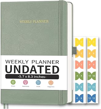 Undated Appointment Book, 52 Weekly & 12 Monthly Planner, A5 5.7" x 8.3" | Hourly, Daily, 6 AM - 8 PM, Leather Hardcover, 12 Self-adhesive Monthly Tabs Light Green