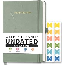 Undated Appointment Book, Hourly, Daily, 52 Weekly & 12 Monthly Planner, 6 AM - 8 PM, Medium Size 5.7" x 8.3", Leather Hardcover, 12 Self-adhesive Monthly Tabs Light Green