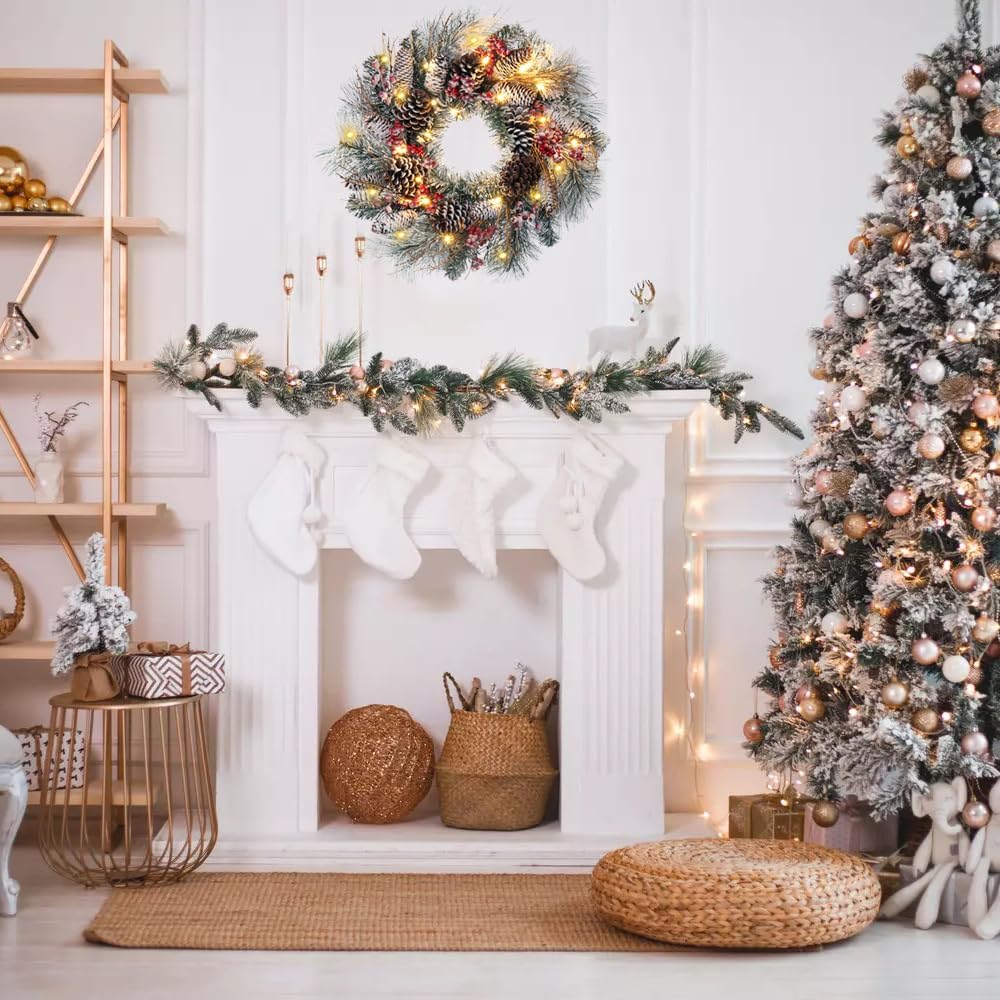 Christmas Wreath for Front Door 24" Large Xmas Wreath with Flocked Pinecone Red Berries Battery Operated 30 LED Lights for Christmas Outdoor Window Fireplaces Walls Home Decor