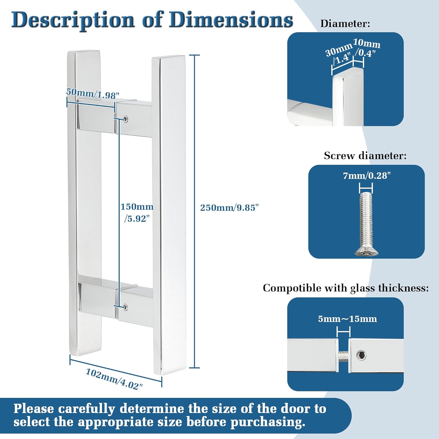 Alise 6" Shower Door Handle,Sliding Door Handles,Push Pull Glass Door Handle, Square Back to Back Shower Doors Handle, SUS304 Stainless Steel Shower Doors Hardware Replacement,Polished Chrome