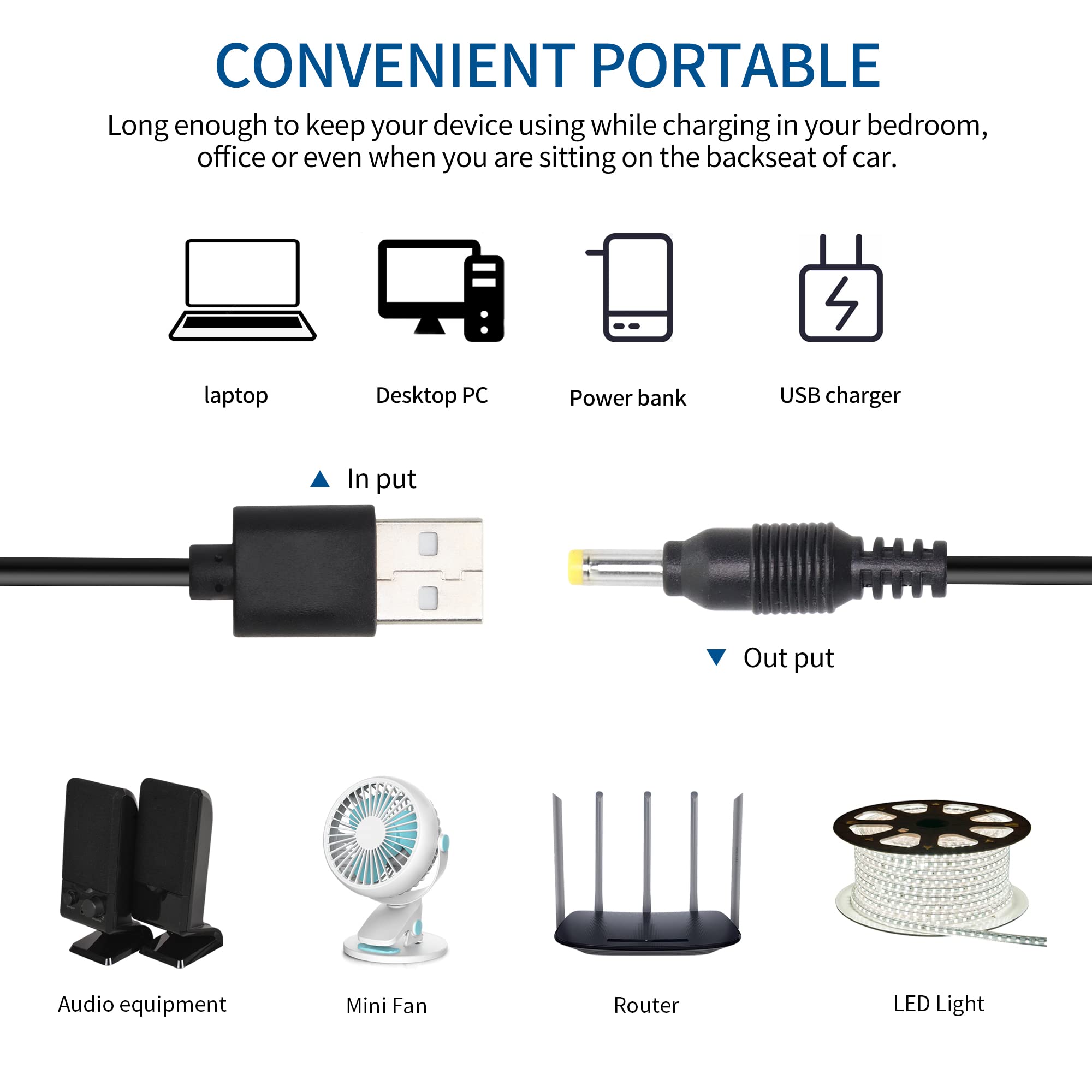 RIIEYOCA Lot de 2 câbles d'alimentation 5 V CC, USB 2.0 mâle vers DC 4 mm x 1,7 mm mâle pour routeur, lumière LED, haut-parleur, petits appareils ménagers et plus encore, 2