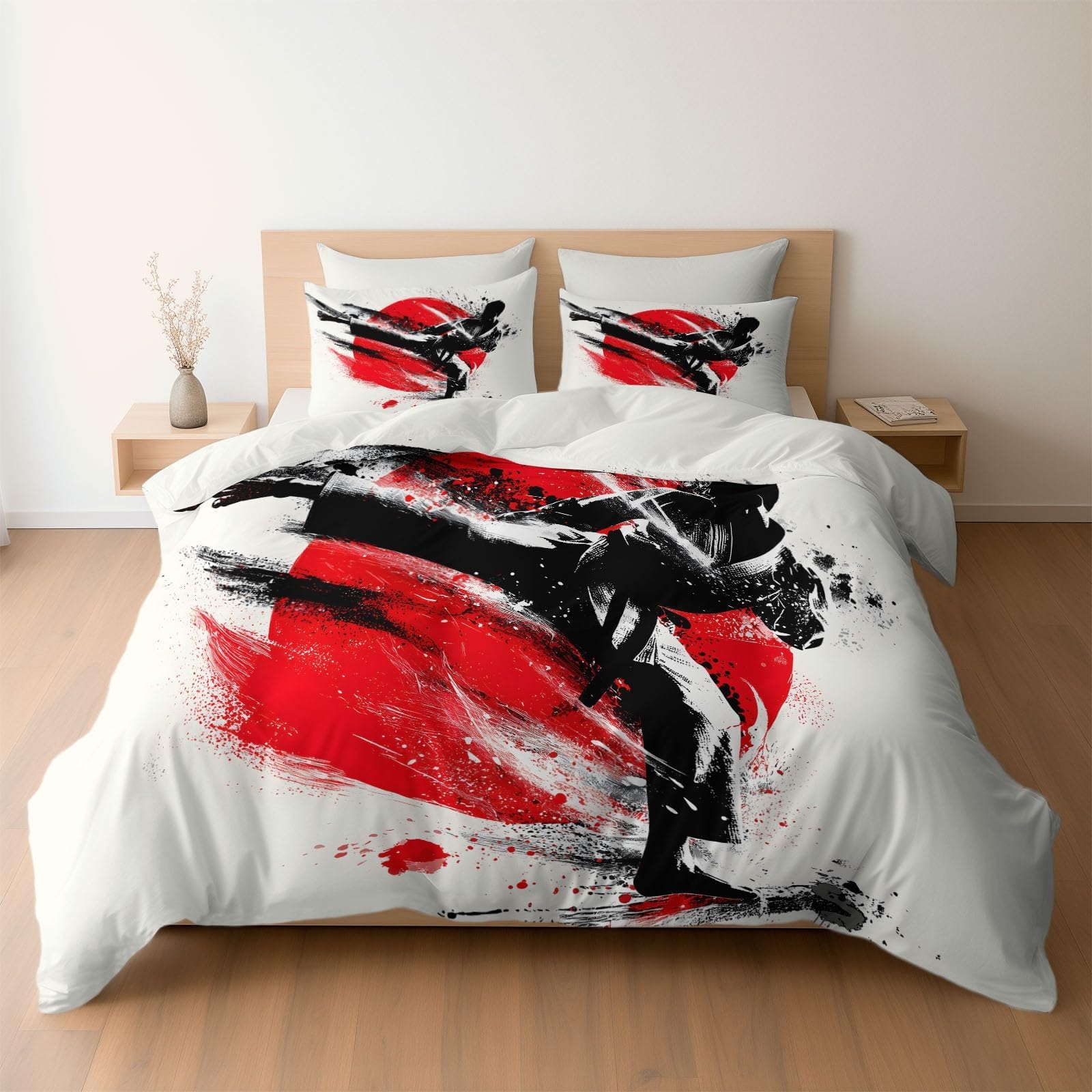 Soft Brushed Microfiber Cot-bed Bedding Set Duvet Covers with Zipper Closure & Corner Ties, Reversible Japan Martial Artist High Kick Pattern Quilt Covers, White