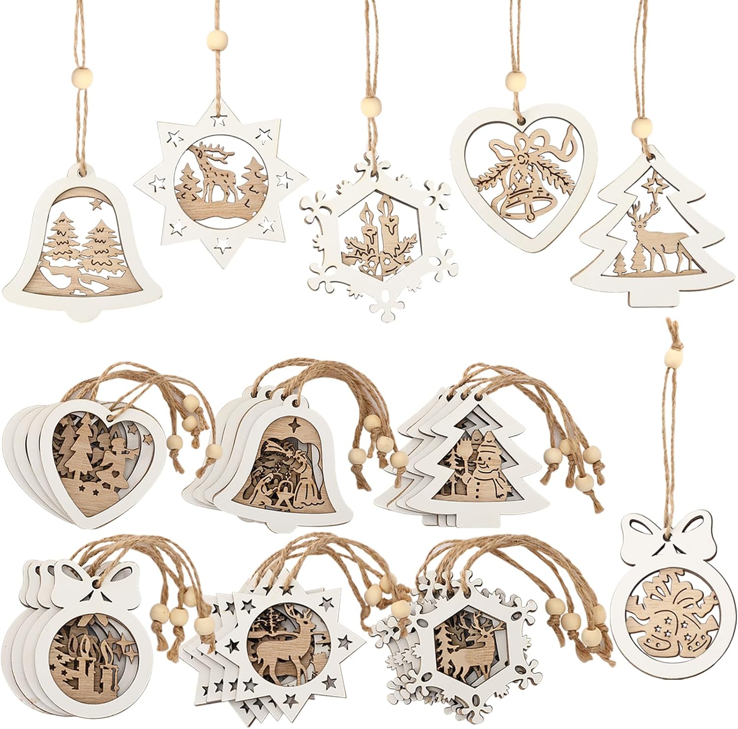 Christmas Tree Ornaments Set 24 Rustic Farmhouse Wooden Christmas