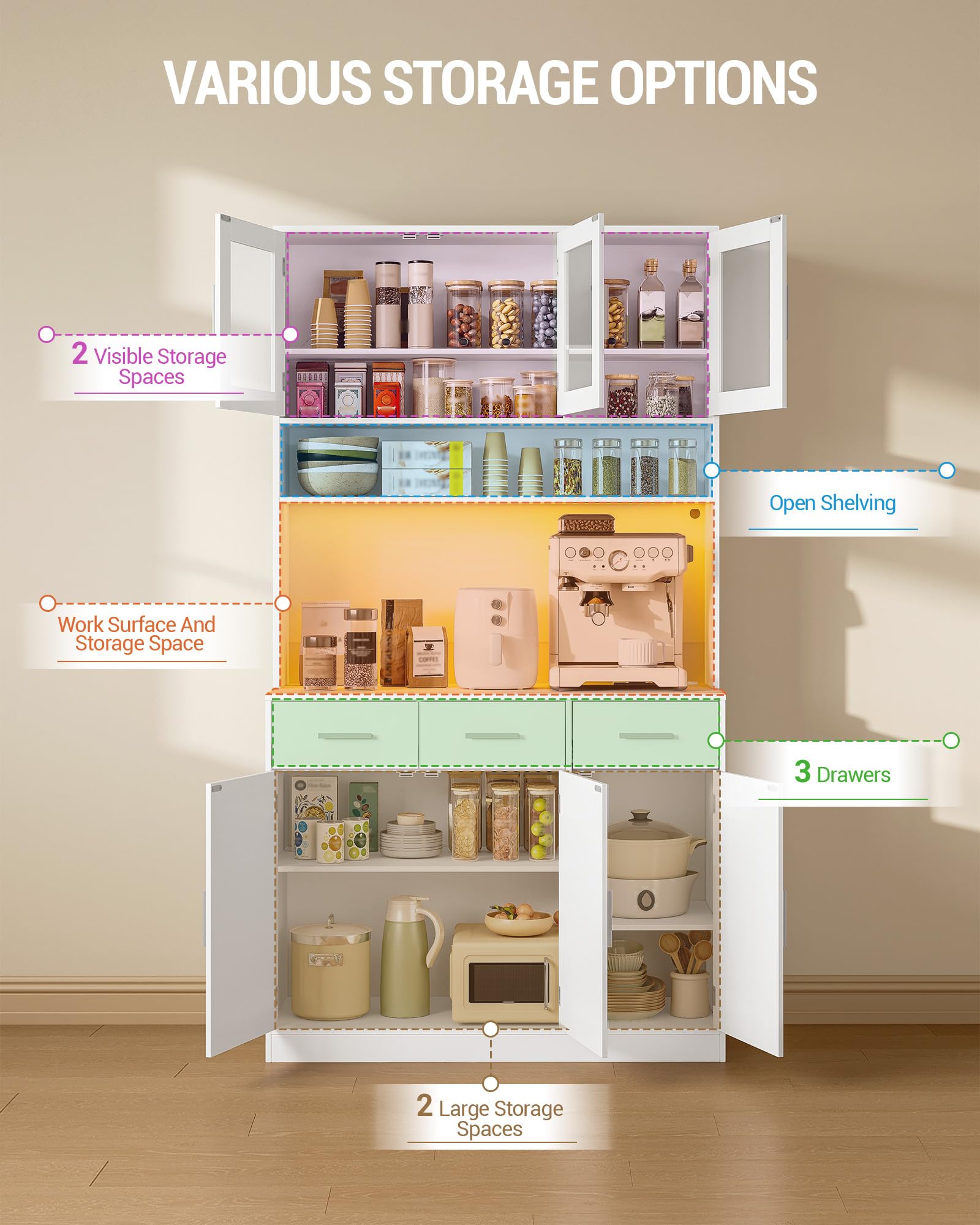 Hzuaneri Buffetschrank, Küchenschrank mit 3 Schubladen, Hochschrank | mit Steckdosenleiste und LED, 3 Schranktüren mit Glasfront, Küche, Wohnzimmer, 40 x 100 x 190 cm, Weiß, PT10103XEU