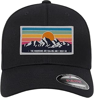 Mountians Fitted Hat- Flexfit Hat with The Mountains are Calling and I Must Go Woven Vintage Patch (Black, L/XL)
