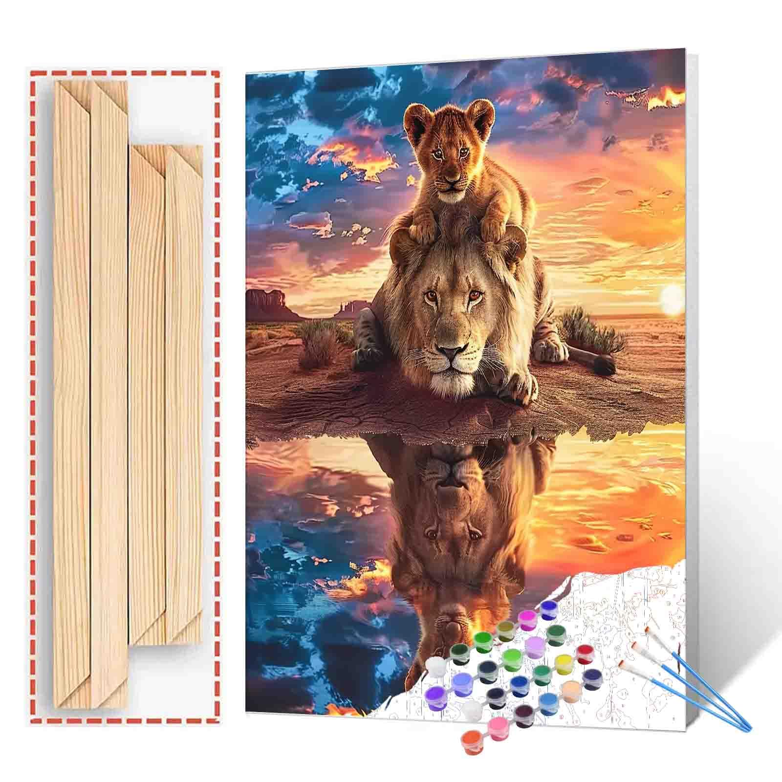 Paint by Numbers Kits for Adult DIY Reflection of Animals in Water Acrylic Pigment King of the Prairie Lion Canvas Oil Painting for Beginner Kids Home Wall Art Decor Gift 16''W x 20''H（Manual Frame）