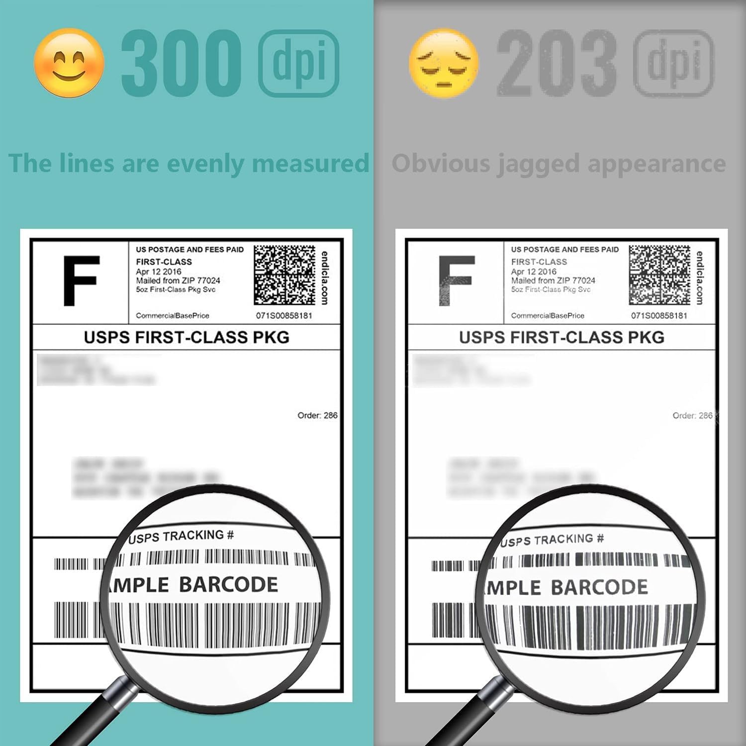 Comparison of print quality between 300 DPI and 203 DPI, showing clearer lines and text at 300 DPI.