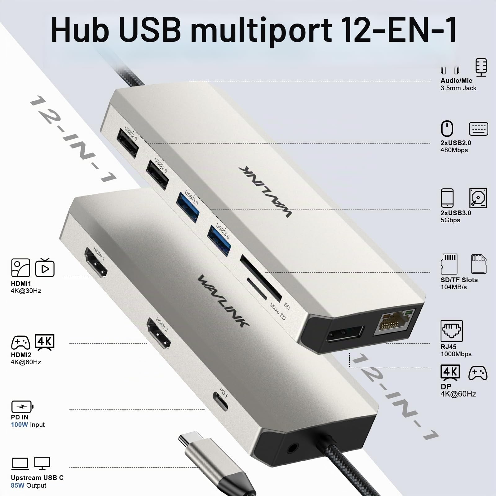 WAVLINK Station d'accueil USB-C 12-en-1, double HDMI, adaptateur multiport 4K Dual HDMI, DP, 100 W PD, USB3.0, USB2.0, RJ45, SD/TF, audio/Mic, pour